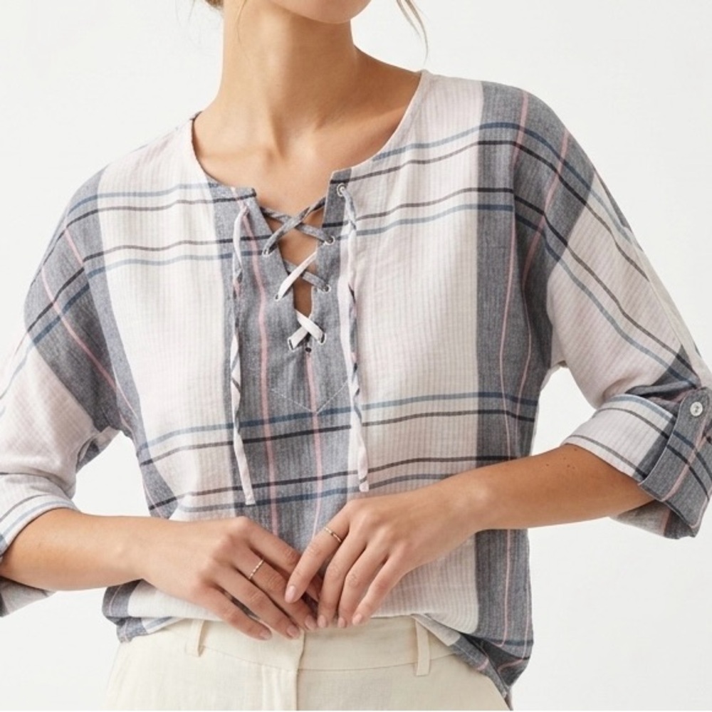 ANTHROPOLOGIE Cloth & Stone Plaid Lace-Up Cotton Gauze Blouse • Boho Coastal XS